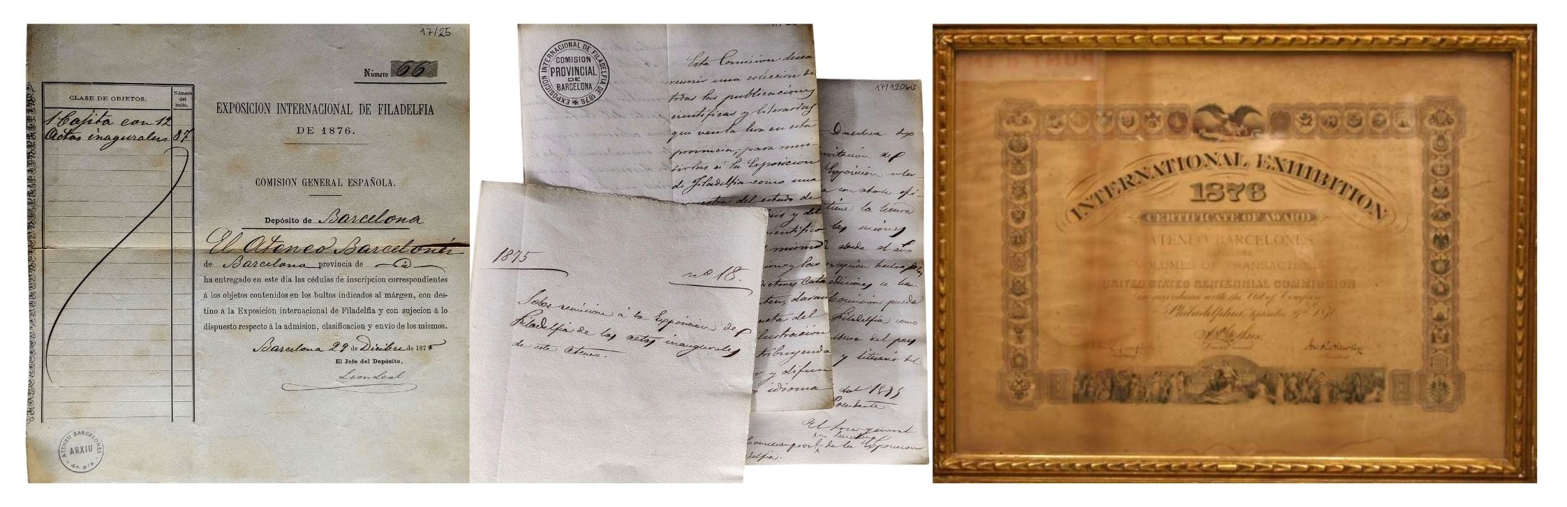 Carta de Francesc López Fabra, albarà de 29 de desembre de 1875 de dipòsit i d'entrega i Diploma que certifica el premi atorgat a l'Ateneu Barcelonès a l'Exposició Universal de Filadèlfia.