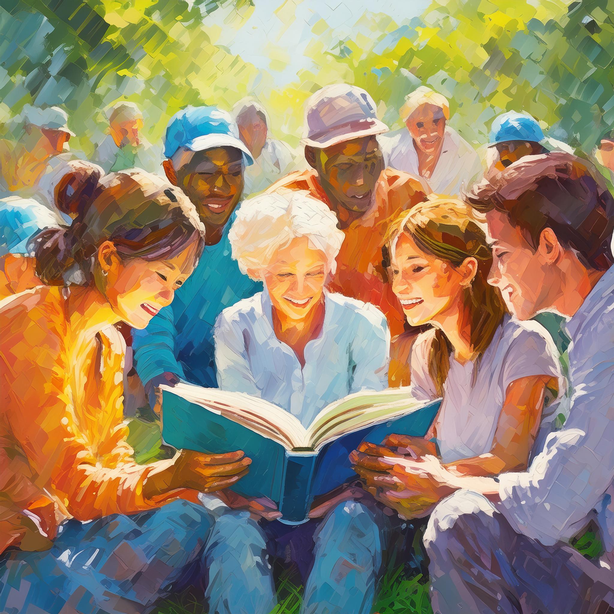 Grup de persones de diferents edats contemplant un llibre obert