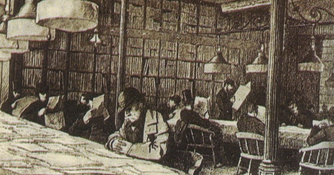 Gravat representant la biblioteca del Ateneo Catalán i publicada l'any 1881 a la revista La Ilustració Catalana